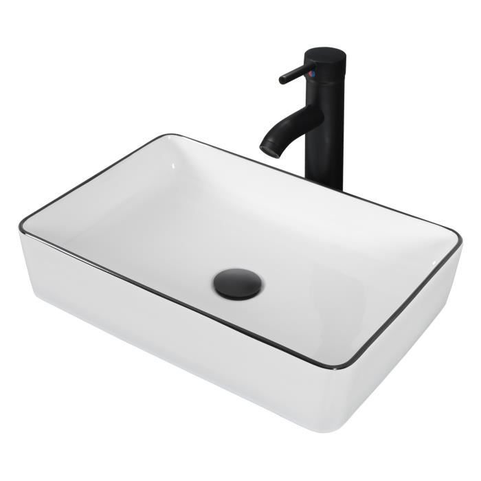 Vasque à Poser Carré Avec Robinetterie Lavabo Salle de Bain en Céramique Lave-Mains Évier Blanc