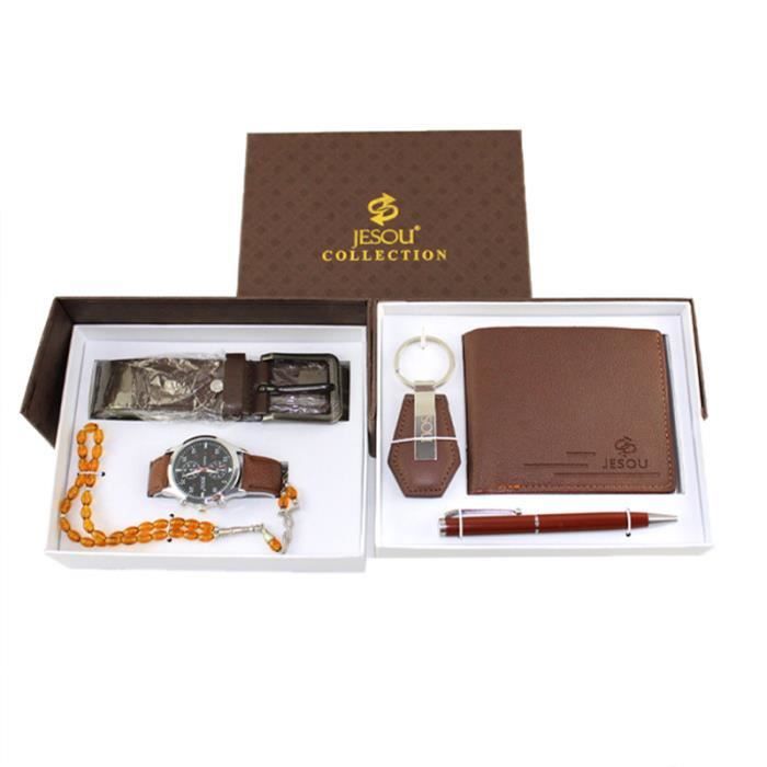 SHARPHY Coffret montre homme + bracelet chapelet + ceinture + portefeuille + stylo - cadeau pour hommes