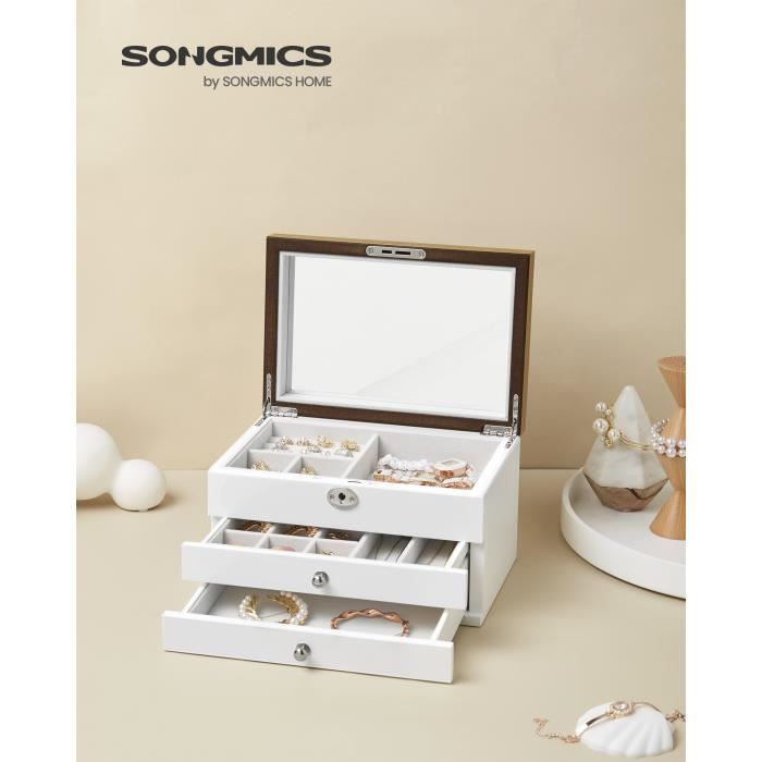 SONGMICS Boîte à Bijoux à 3 Niveaux en Bois dIngénierie Coffret à Bijoux Original avec Tiroirs pour Bagues Blanc JOW15WNV1