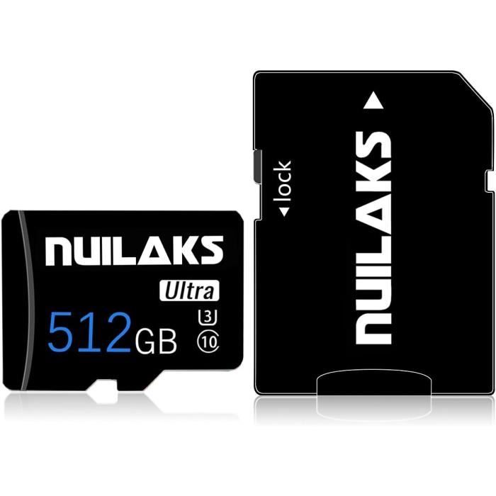 Carte Micro SD 512 Go Classe 10 - Avec Adaptateur SD - Pour Smartphone, Caméra, Drone, Console