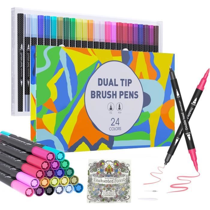 MISDUWA Set 24 Feutres Double Pointe – 0,4 Mm Et 1-2 Mm – Encre à Eau Non Toxique – Pour Dessin, Manga, Calligraphie – Boîte Rigide – Cadeau