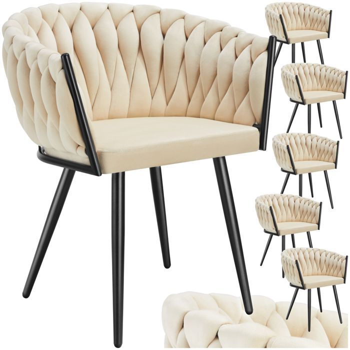 Chaise - TECTAKE - Lot de 6 fauteuils ASTANO en velours et design noué avec pieds fin en acier 605 x 55 x 75 cm - Sable