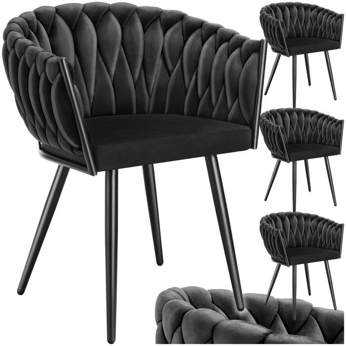 Chaise - TECTAKE - Lot de 4 fauteuils ASTANO en velours et design noué avec pieds fin en acier 605 x 55 x 75 cm - Noir