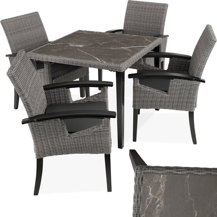TECTAKE Ensemble Table en rotin avec 4 chaises TARENT Résistant aux intempéries et résistant aux UV - Gris