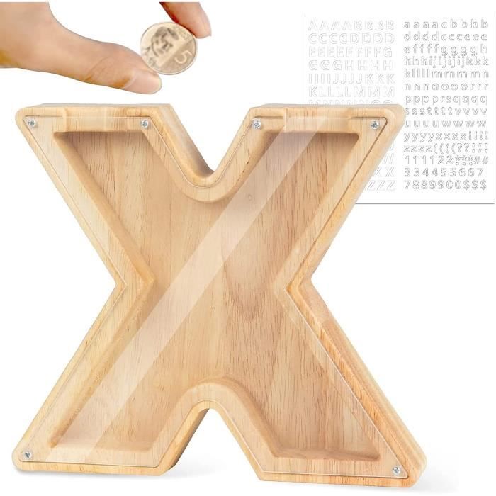 Tirelire Enfant En Bois Transparent Personnalisable - Avec Lettres A-Z Et Stylos Aquarelle