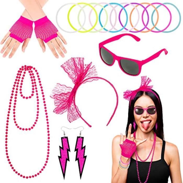 Accessoire de déguisement des années 80 - avec mèches de cheveux, lunettes,  boucles d'oreilles et gants | Accessoires de costume néon | Accessoires de