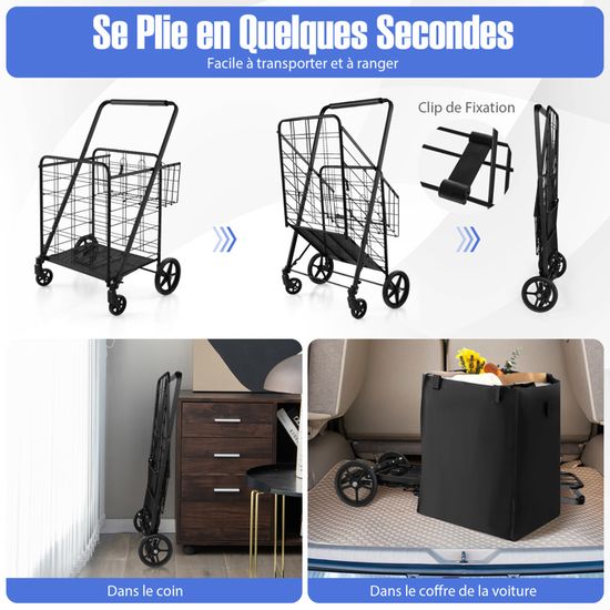 Chariot de Courses COSTWAY-2 Panier (126L)-Sac en Oxford Imperméable-Caddie Pliable à 4 Roues Chariot de Courses COSTWAY-2 Panier (126L)-Sac en Oxford Imperméable-Caddie Pliable à 4 Roues