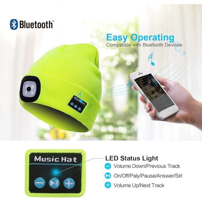 Bonnet Bluetooth, casquette de musique LED avec casque et haut-parleurs  stéréo intégrés et microphone (jaune)