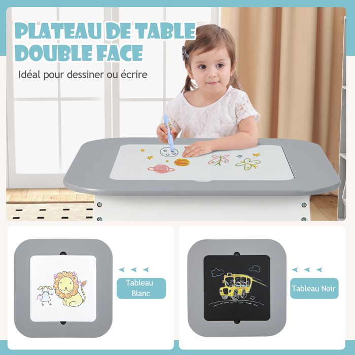 COSTWAY Table + 2 Chaises Enfant Avec Tableau 2 Faces & Rangement – Bureau Compact Pour Chambre Ou École