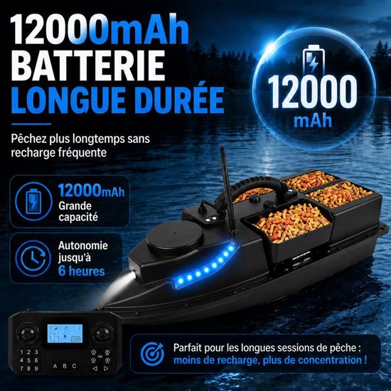 Bateau d'appât de pêche GPS 500 m Télécommande Bateau d'appât double moteur Détecteur de poissons 2 kg Port de chargement automatique Croisière/Retour/Route Correction avec veilleuse Clignotant pour
