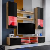 Ensembles de meubles TV Varallo Komodee - LED RGB - Noir Brillant & Bois Naturel -  Façades en Brillant - L200cm x H195cm x P45cm