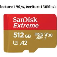 Carte Mémoire microSDXC SanDisk Extreme 512 Go - Vitesse lecture 190Mo/s, écriture 130Mo/s - Classe 10 U3 V3