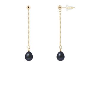 Boucle d'oreille PERLINEA - Boucles d'Oreilles - Véritables Perles de Culture d'Eau Douce Noires Poires 7-8 mm - Or Jaune - Bijoux Femme