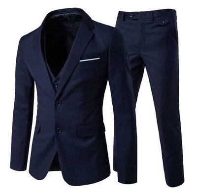 Allthemen Zakelijke pakken voor heren, 3 stuks, 2 knopen, formele klassieke smoking, blazer, vest, broek, bruiloft, diner, feest, marineblauw, XL