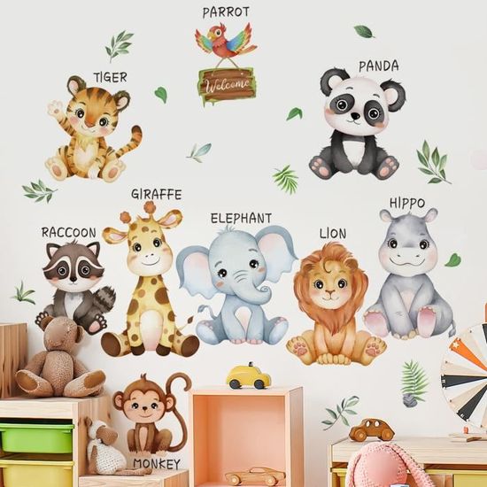 Decalmile Stickers Muraux Animaux Ballons Rose - Montgolfière Éléphant Lion Girafe - Chambre Fille Bébé