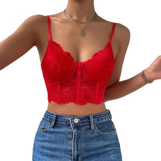 Crop Top Femme Debardeur en Dentelle Col en V Haut Court Camisole Sexy Chic Bretelles Spaghetti Cropped Gilet Casual Ete Rouge Rouge Cdiscount Pret a Porter