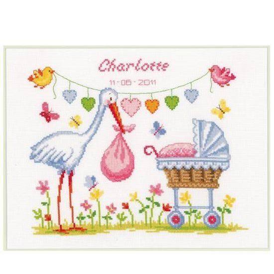 Kit A Broder Au Point De Croix Naissance Cigogne Cdiscount Beaux Arts Et Loisirs Creatifs