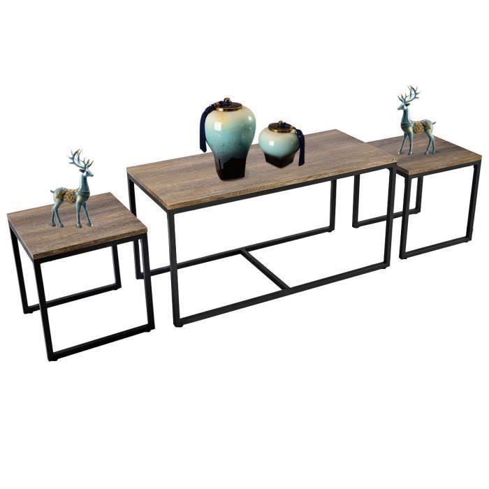 3 Tables Basses Gigognes Style Industriel en Bois+Métal avec Pieds Antidérapants Scandinave pour Salon 100 x 44 x 50 CM