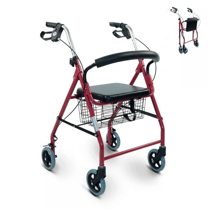 Déambulateur 4 roues réglable - Pliable et réglabe - Avec assise rembourrée et panier - Bordeaux - Alhambra - Mobiclinic