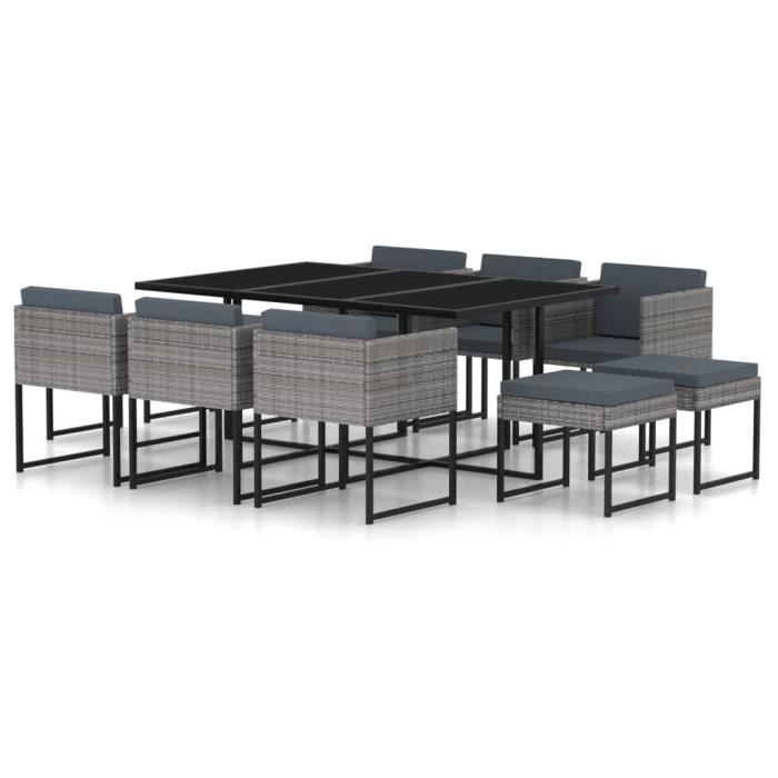 950599 Salon de jardin 10 places et Table basse - 11 pcs avec coussins Résine tressée Gris Meuble d'excellent