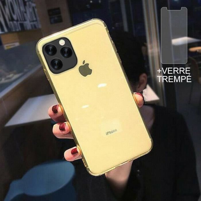 Coque pour iPhone 12 Pro Max + Verre trempé Protection écran,Souple Silicone étui Protecteur Bumper Clair Jaune