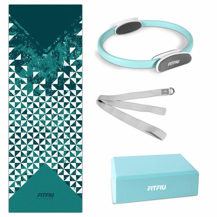 Kit 4 accessoires de yoga KITWELL-400 BLEU, tapis, bloc, anneau de pilates, sangle d'exercice - FITFIU Fitness