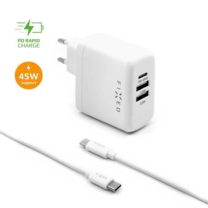 Set chargeur réseau FIXED avec sortie USB-C et 2xUSB et câble USB-C-USB-C, support PD, 45W, blanc