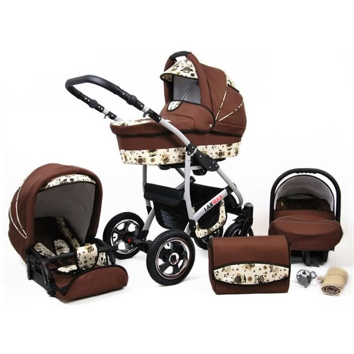 Lux4kids Poussette combinée Landau roues pivotantes Poussette Canne Nacelle Accessoires Larmax marron & hibou 2en1 sans siège bébé