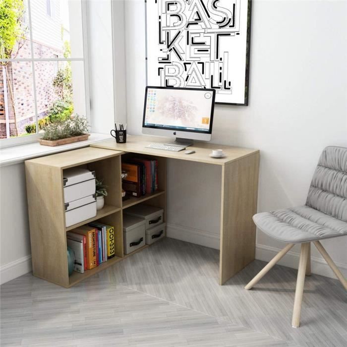 Bureau d'angle avec Rangement, 4 Étagères, Angulaire Réversible, bureau informatiqque, Bois, Décor Chêne - Mondeer