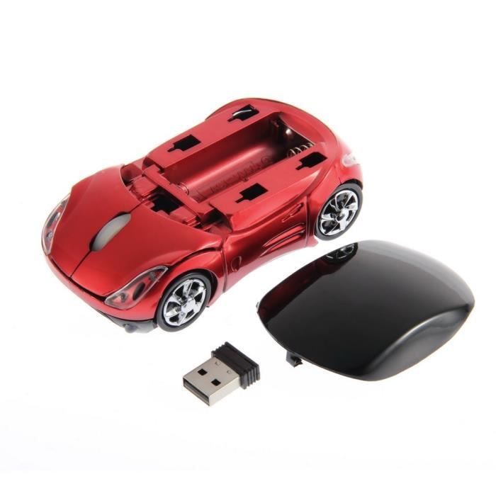 Mini souris de jeu ergonomique optique de voiture sans fil réglable 1000DPI portable pour ordinateur portable + récepteur USB, rouge