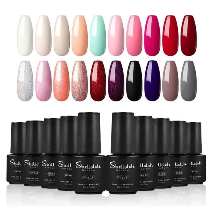Lot de Vernis Semi Permanent 12 Couleurs Base Coat Top Coat Coat Mat LED/UV Gel Soak Off Couleurs Gel Kit Debutants Shelloloh