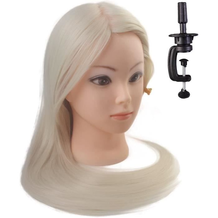 Tête à coiffer de cosmétologie 60 cm 100% cheveux synthétiques blonds, tête à maquiller, avec serre-joint pour table (tête avec serr