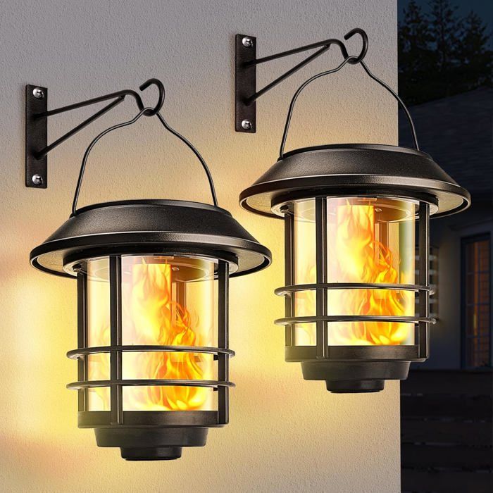 Lanterne Solaire Extérieure LED 2 Pièces Lanternes Solaires avec Effets de Flamme RéalistesLanterne dextérieur Imperméable IP65