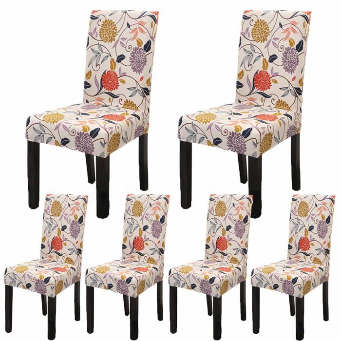 Lot de 6 housses de chaise de salle à manger en forme de feuilles et de fleurs en élasthanne doux lavables et amovibles