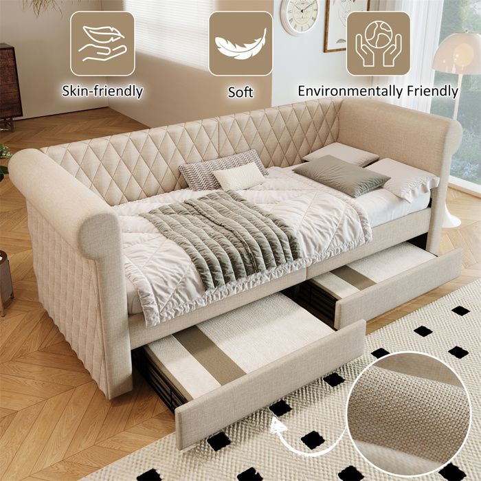 Lit Banquette avec Rangement Lit 1 Place avec Sommier à Lattes en Bois 2 Tiroir Tête de Lit Vintage Lin Beige 90 x 200 cm