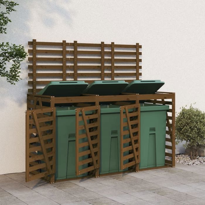 Rangement à Roulettes Pour Poubelles 3 Bacs 240L – Acier Vert, Ventilé, Avec Couvercle Automatique, Pour Jardin