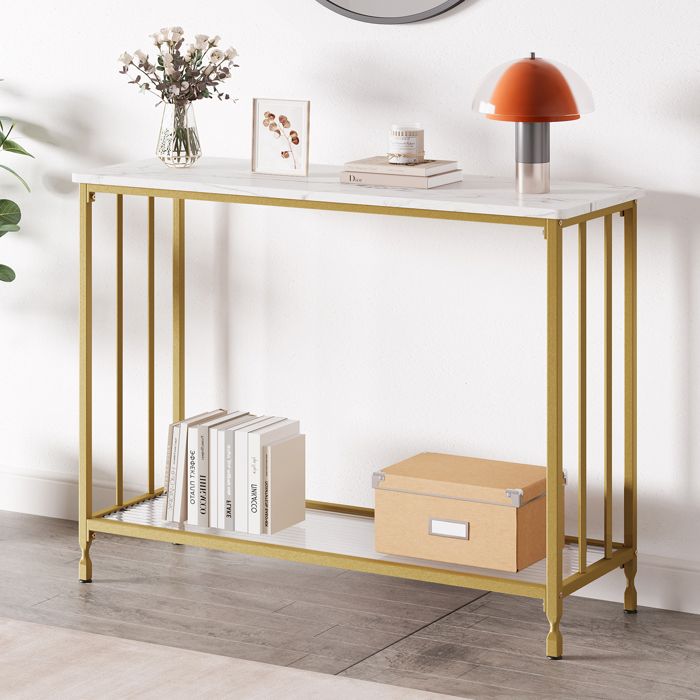 Table Console Marbre -105x30x81CM - Cadre en Métal Doré Meuble dentrée Style Scandinave Moderne
