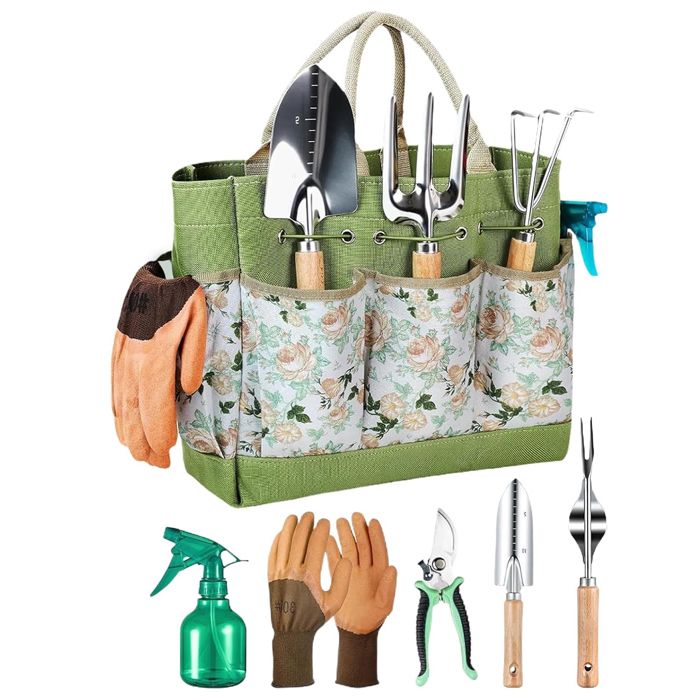 Outils Jardinage - Kit Jardinage Adulte - 9Pcs avec XL Sac de RangementTruelleSécateurTransplanteurCultivateurRâteau a main