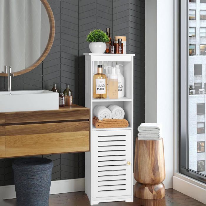 Armoire De Rangement Salle De Bain Blanche - Meuble Multifonction 1 Porte 3 Étagères 20x25x79 Cm