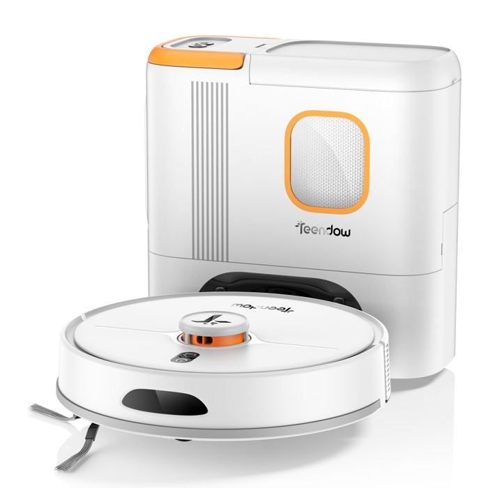 Robot Aspirateur Teendow D20S MAX+ - 6000Pa Batterie 5000mAh dautonomie 180min Silencieux 70dB 250ML+250ML - Blanc