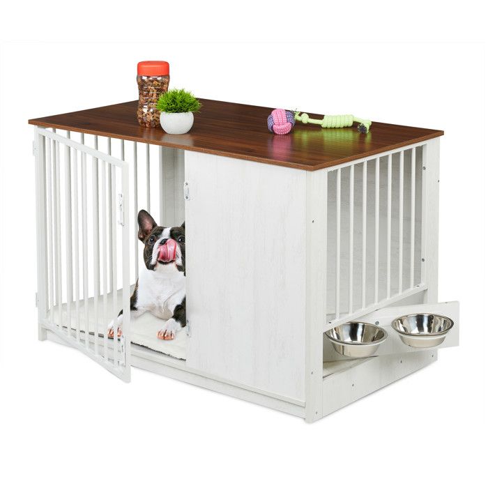 Comparer les prix de Relaxdays Cage pour chien H x L x P : 655 x 102 x 60 cm meuble 2 écuelles pivotantes MDF et acier blanc/marron
