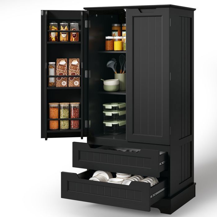 Buffet Haut Cuisine - Bealife - Armoire Rangement - 2 Tiroirs - 2 Portes - 2 Étagères Réglables - 60 x 40 x 120 cm - Noir