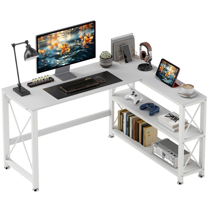 Bureau dangle - HOMCOM - modulable réversible - étagère de rangement - cadre en métal - 135x110x75cm - blanc