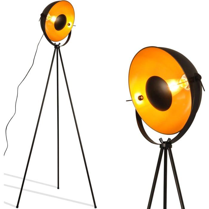 Lampe sur pied vintage trépied “Bremen” style industriel nordique abat-jour métal doré et noir.