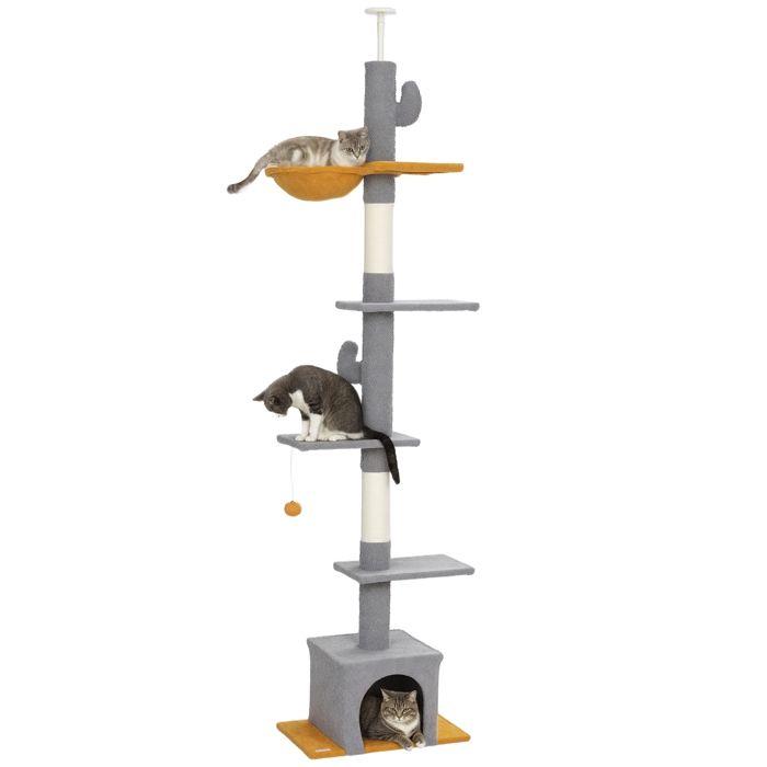 Comparer les prix de Arbre à chat - PawHut - 275H cm - du sol au plafond - 6 niveaux pour chat dintérieur - plate-formes niche hamac balle - gris clair