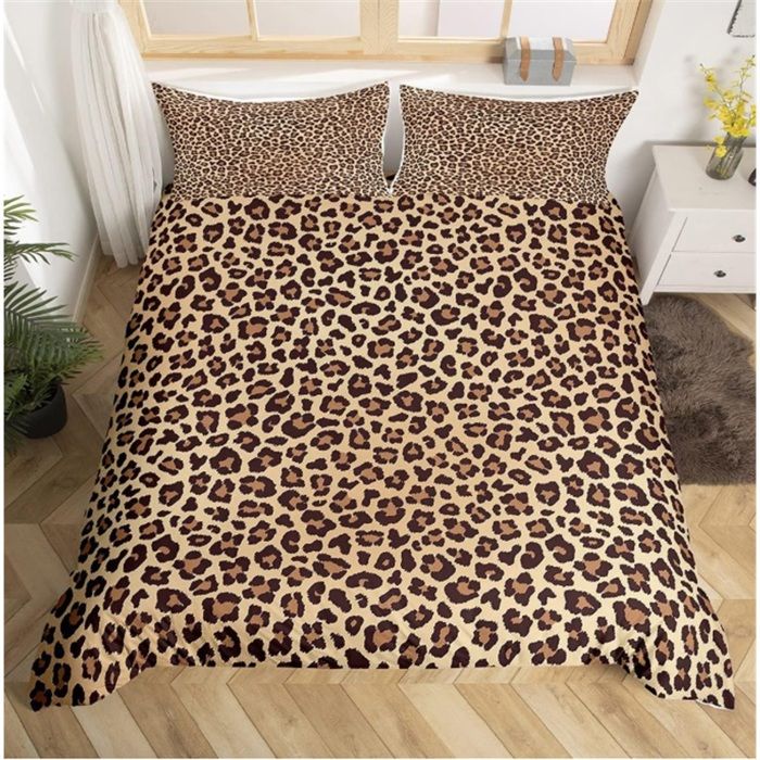 Housse de Couette Imprimé Léopard Marron Noir Parure de Lit Imprimé Guépard 200x200cm Afrique Animal Faune Ensembles de Housse de