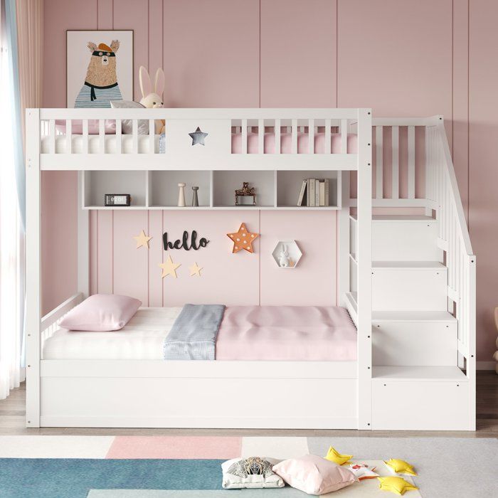 Lit Superpose 140x200 avec Coffre Hydraulique Escalier 4 tiroirs Etageres Barrieres Securite Lit Mezzanine Adulte/Enfant Blanc