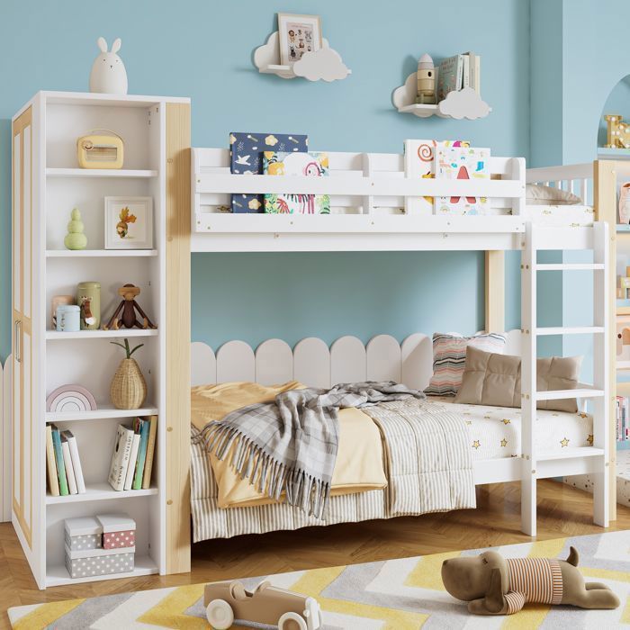 Lit Combine Superposé 90 x 200 cm avec Rangement et Armoire Lit Enfant 2 Personne avec Barrières Echelle et 6 Etagères Blanc