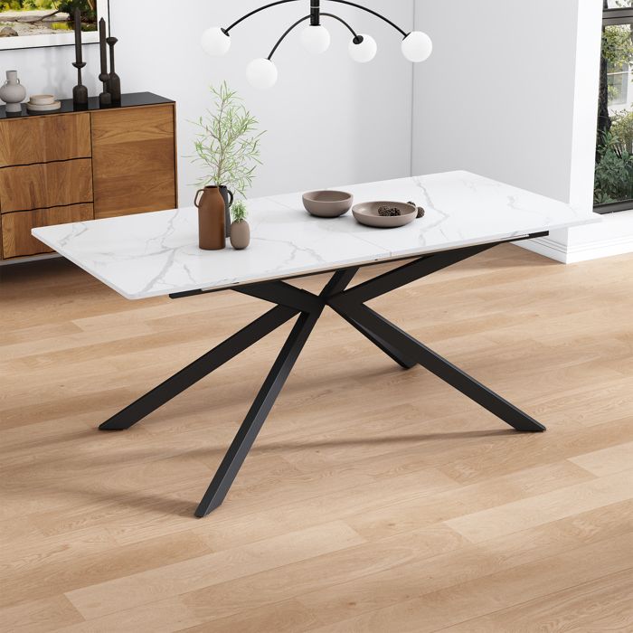 Table à manger extensible - MODERNLUXE - Pieds croisés en fer forgé - Motif marbre - Blanc & Noir - MDF 18 mm