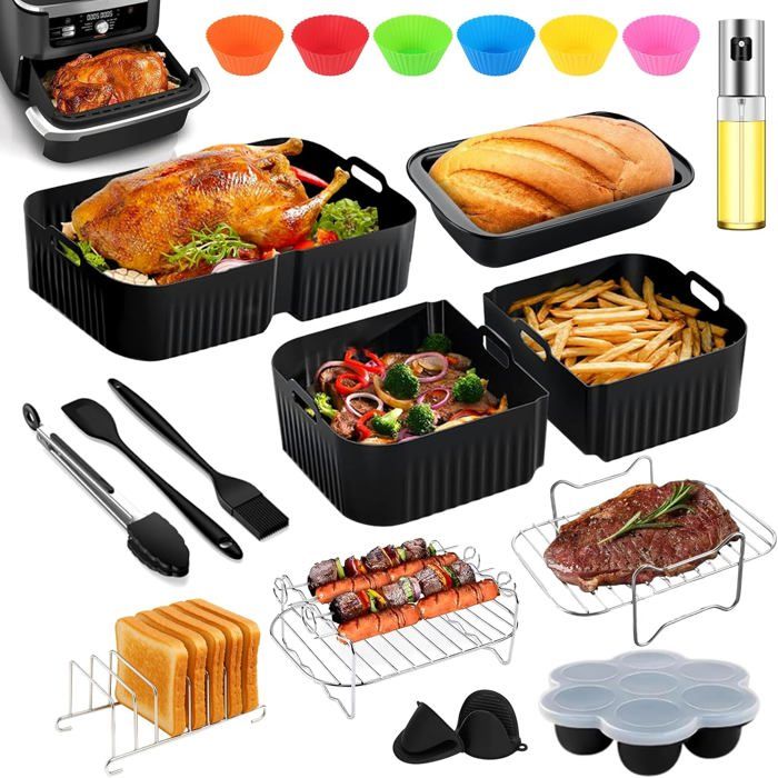 LYKEJI 2 Moules Silicone Airfryer Ninja Foodi - Accessoires Friteuse Double Zone 7,6L - Gris